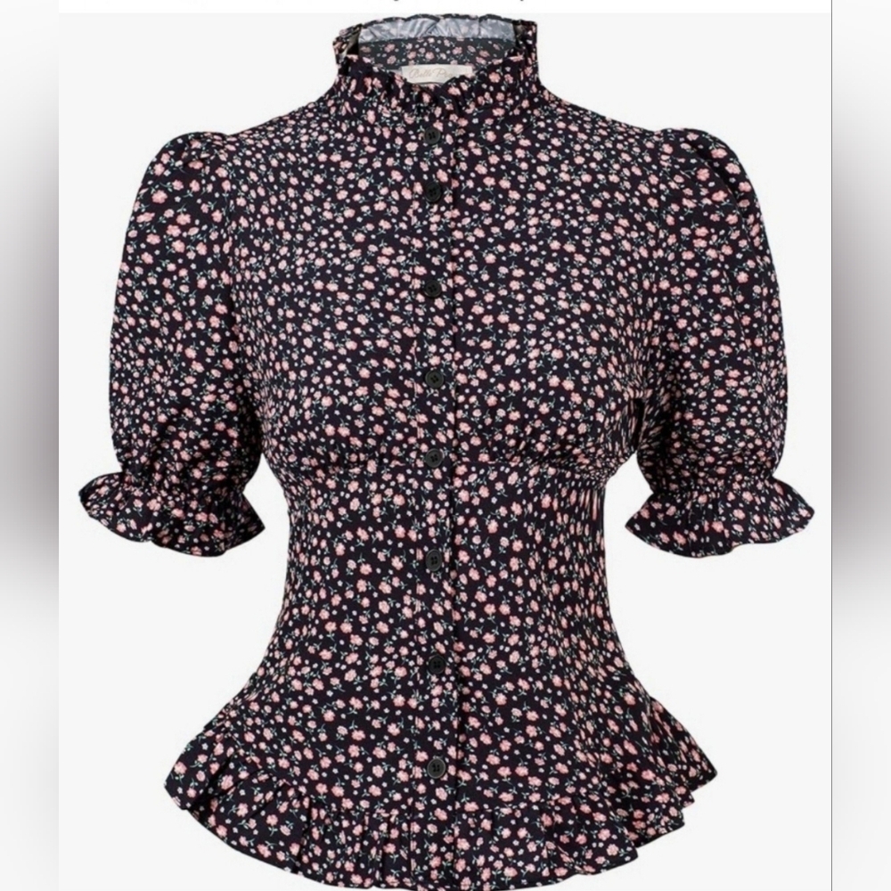 Belle Poque Renaissance Victorian Puff Sleeve Blouse Button Down Ruffle Dress